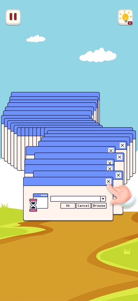 Satisfying Organize Mini games - Uma mão fechando várias janelas pop-up empilhadas em um mini jogo satisfatório