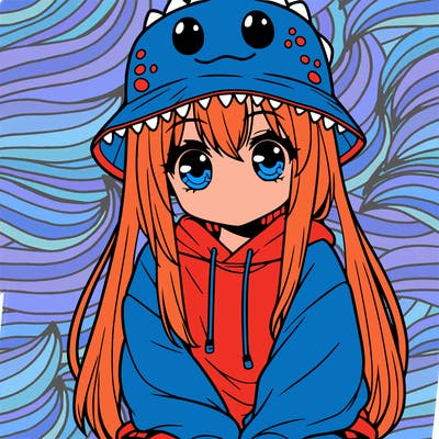 girl with anime shaped eyes with a dinosaur bucket hat oversized sweatshirt long straight hair
