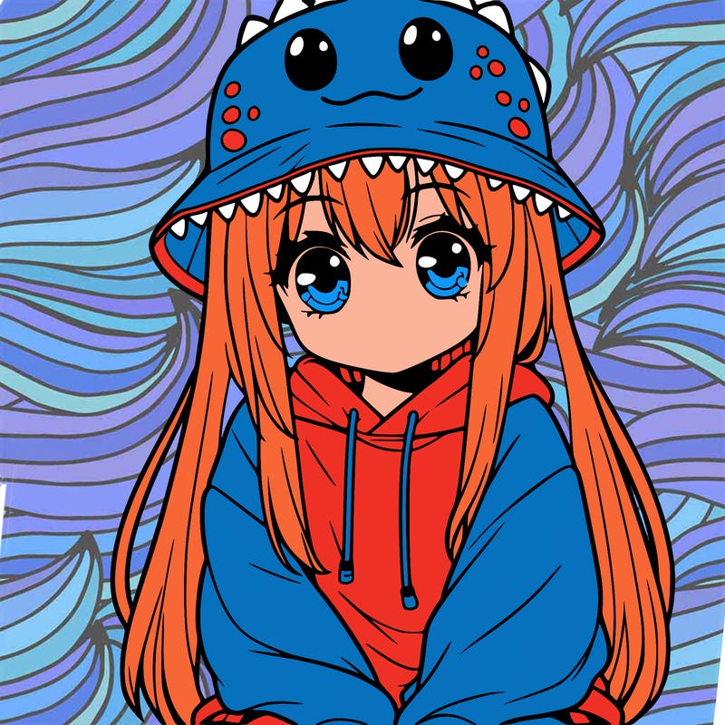 girl with anime shaped eyes with a dinosaur bucket hat oversized sweatshirt long straight hair