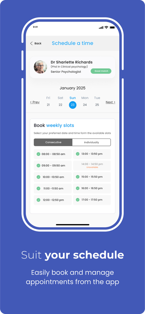 A mobile app screen showing a calendar and available time slots to book a therapy session with a licensed psychologist