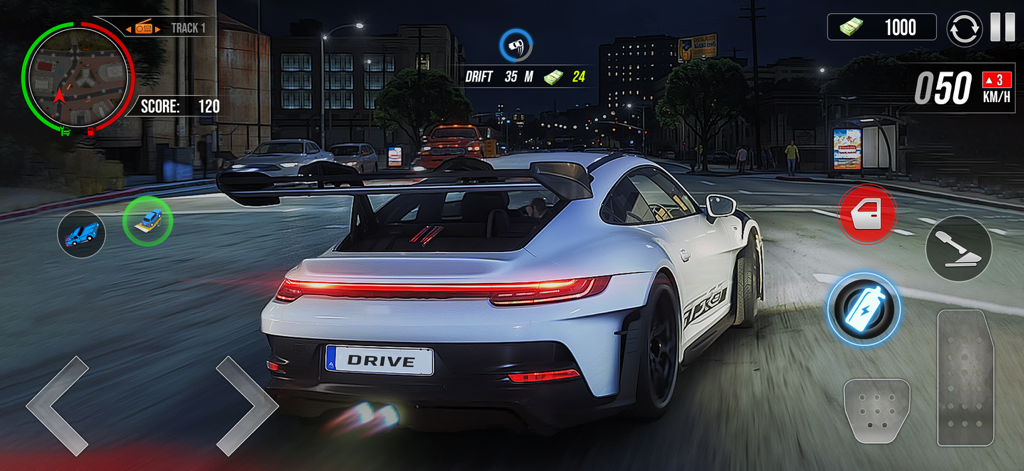 Car Drifting Night Driving - A white sports car driving through a city street at night with neon lights and on screen game controls