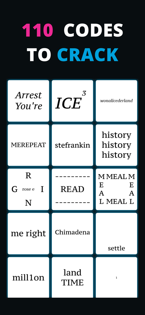 Crack The Code - Brain Teasers - A grid of visual word puzzles and rebus brain teasers from the Crack The Code mobile app.