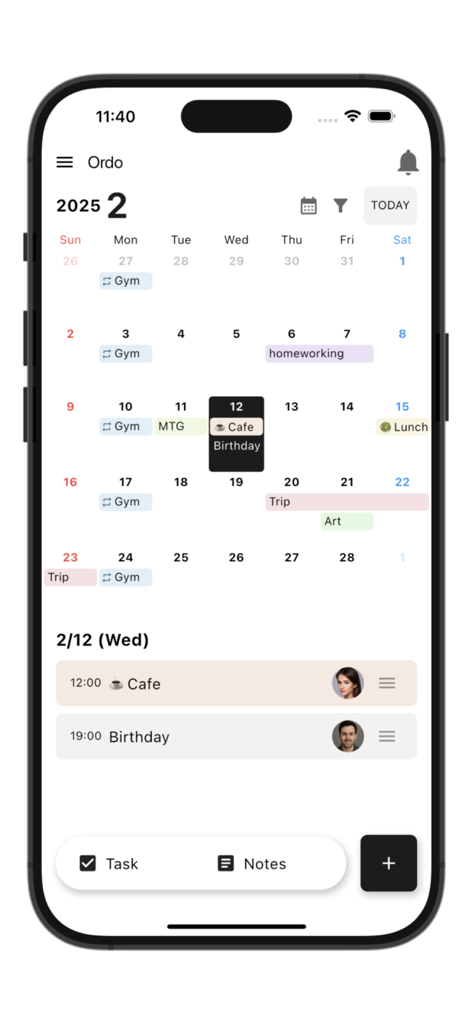 Minimalist monthly calendar view of the Ordo app with tasks and scheduled events.