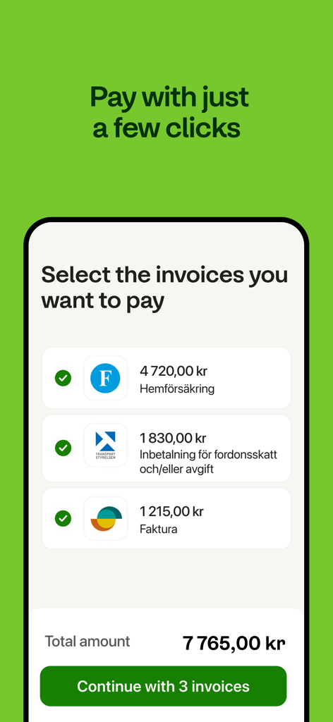 Kivra - Mobile interface of Kivra app showing multiple selected invoices with a total amount and a button to pay with a few clicks