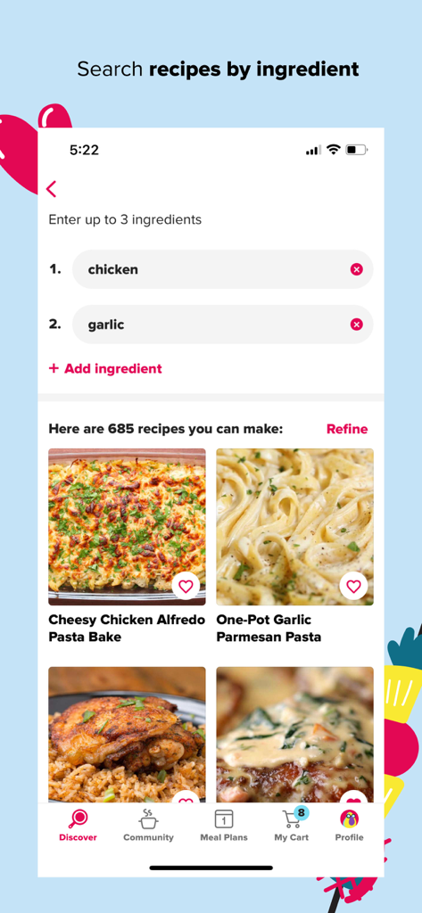 Tasty: Recipes, Cooking Videos - Tastyアプリのインターフェース。鶏肉とニンニクの材料検索が表示され、パスタのレシピの提案があります。