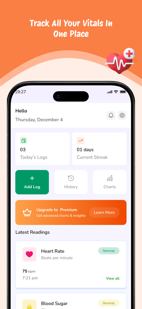 Blood Sugar Monitor & BP Track - Panel de la aplicación móvil que muestra registros de frecuencia cardíaca y nivel de azúcar en sangre con información de racha diaria.