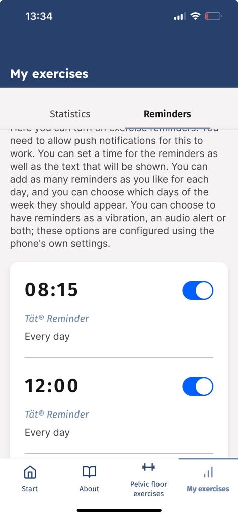 Capture d'écran de l'application Tät-m montrant les paramètres de rappel d'exercices avec les heures de notification quotidiennes pour l'entraînement du plancher pelvien.