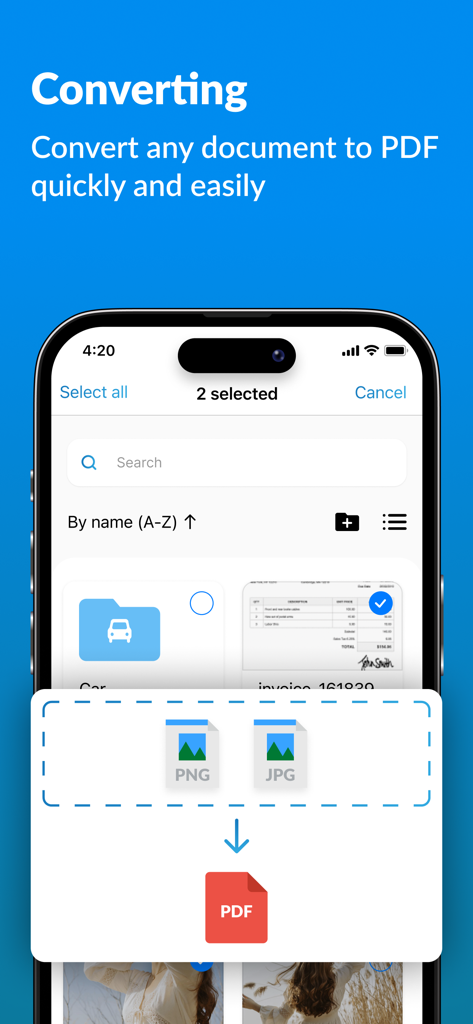 Scannero: fast scan to PDF&JPG - Pantalla de iPhone mostrando la interfaz de la aplicación Scannero convirtiendo imágenes JPG y PNG en un archivo PDF.