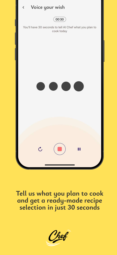 AI Chef - Pantalla de aplicación móvil para Chef IA que muestra una interfaz de grabación de voz para una selección rápida de recetas