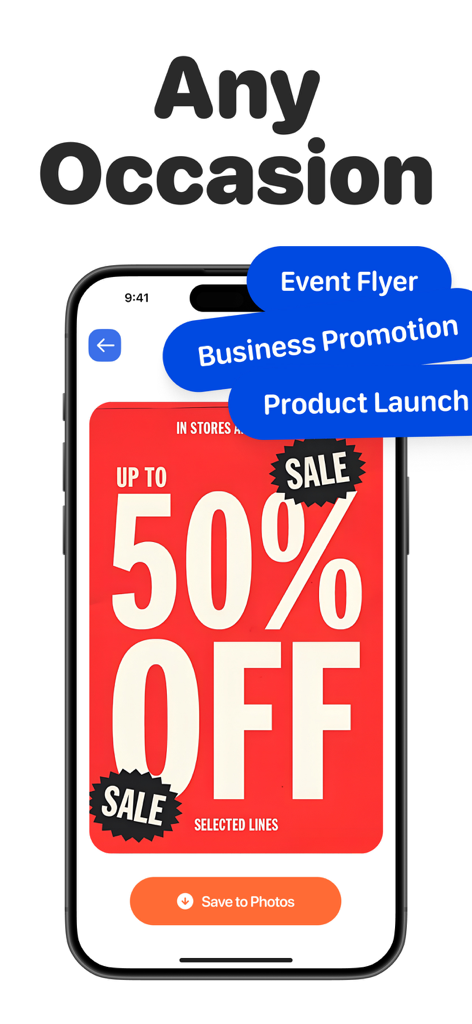 AI Flyer Maker, Poster Creator - Mobile App-Oberfläche von KI Flyer Ersteller mit einem roten Poster für 50 Prozent Rabatt und Optionen für Event-Flyer und Produkteinführungen.