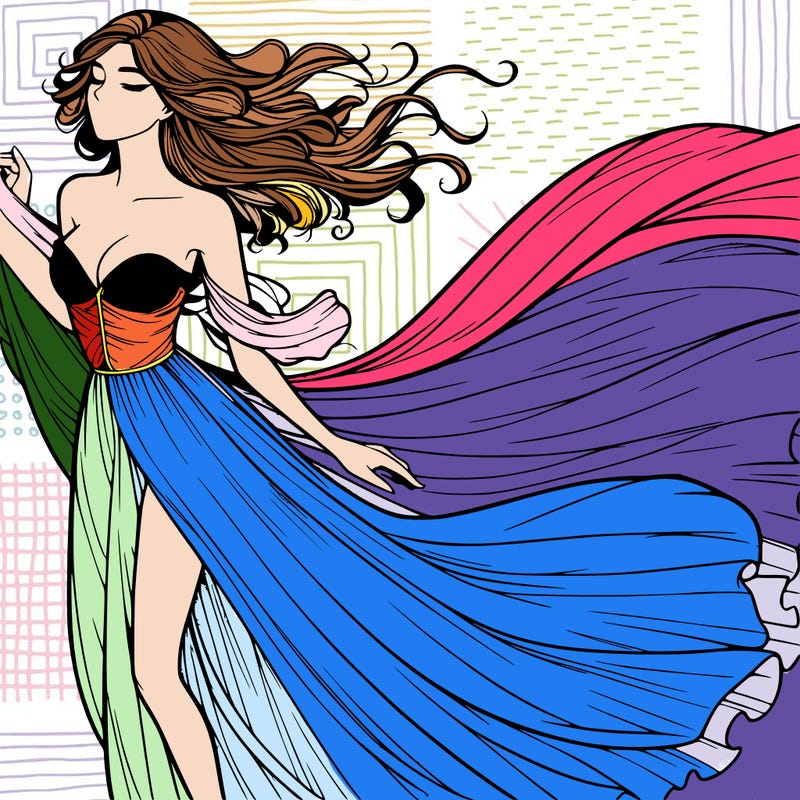 realistic woman in dress flowing the the wind