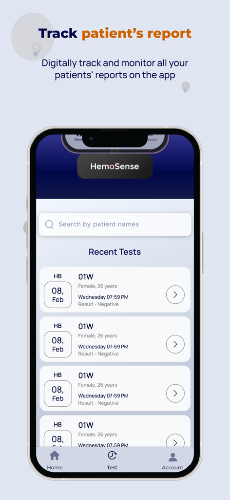 Hemosense - Hemosense app interface showing a list of recent patient hemoglobin test results