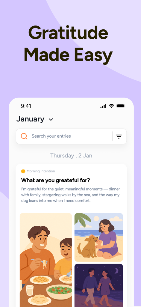 Gratitude Journal: Cherish AI - A mobile app interface for Cherish Gratitude Journal featuring a morning intention prompt and illustrated memory entries.