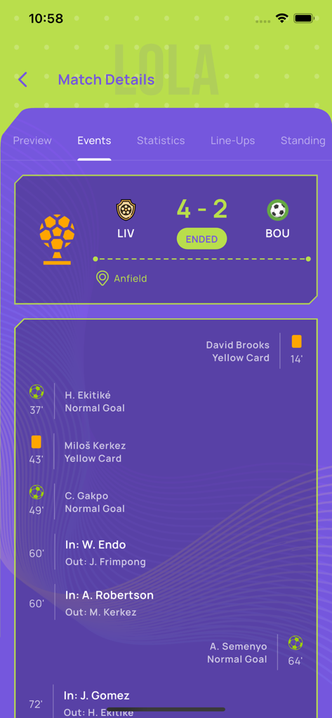LOLA FOOTBALL - LOLA FOOTBALL match details screen showing score and event timeline