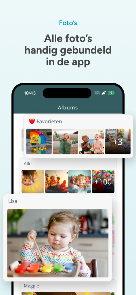 OuderApp van Konnect - Interface of the OuderApp van Konnect displaying organized photo albums of children at childcare