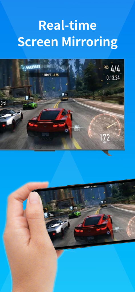 Smartphone duplicando un juego de carreras en la pantalla de un televisor