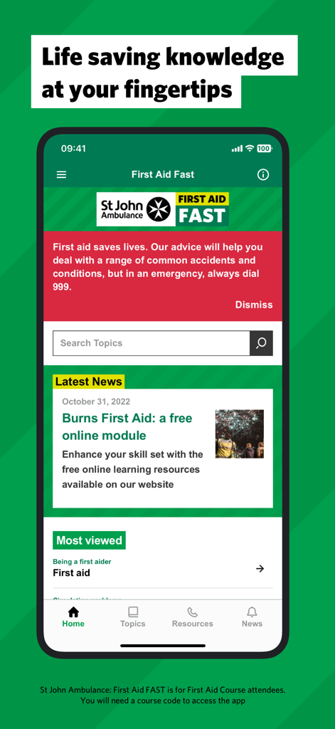 Interface inicial do aplicativo SJA First Aid Fast mostrando a barra de pesquisa e as últimas notícias