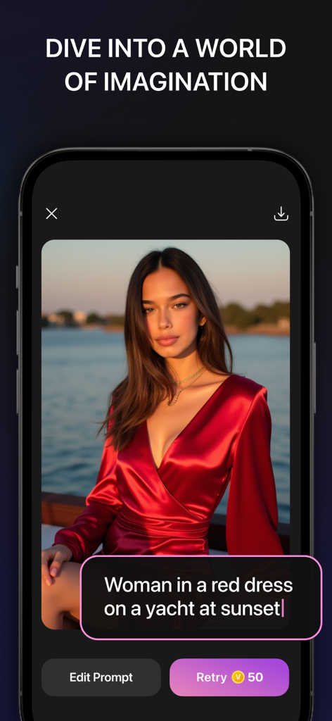Vity: AI Video & Photo Maker - Vity app interface showing an AI-generated image of a woman in a red dress based on a text prompt