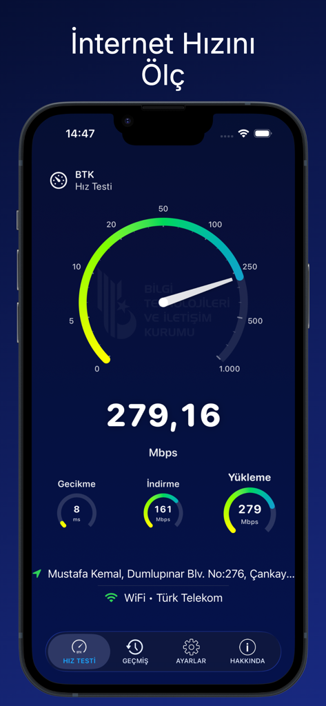 BTK Hız Testi - BTK Hız Testi mobile application interface displaying a speedometer and internet speed results for download and upload