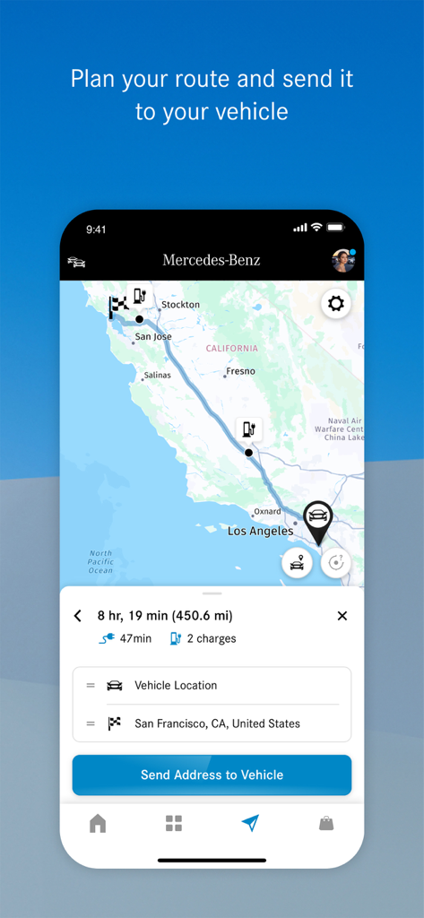 Mercedes-Benz app showing a route from Los Angeles to San Francisco with a button to send the destination to the vehicle.