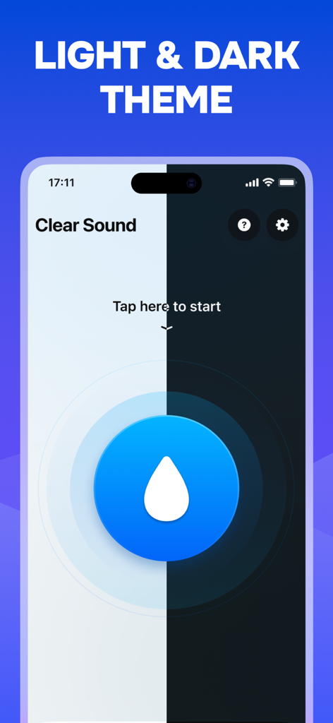 A split screen showing the Water Eject app interface in both light and dark mode themes with a large blue button featuring a water drop icon