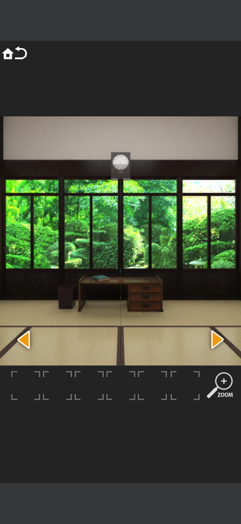 Traditional Japanese room with tatami mats and a view of a green garden in a puzzle game