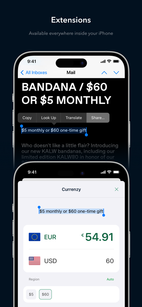 Estensione Azione Currenzy che converte un prezzo da USD a EUR all'interno dell'app Mail dell'iPhone.
