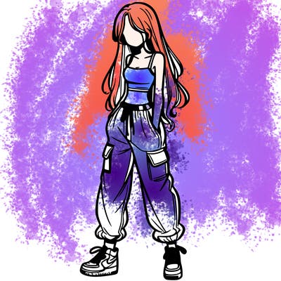 girl in baggy pants crop top and long hair