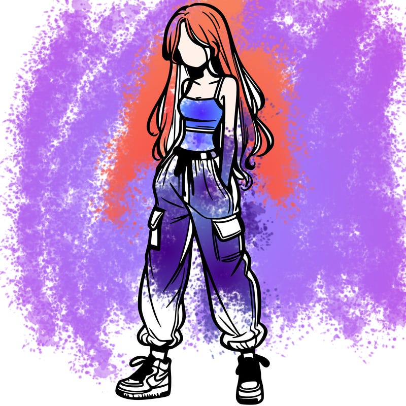 girl in baggy pants crop top and long hair