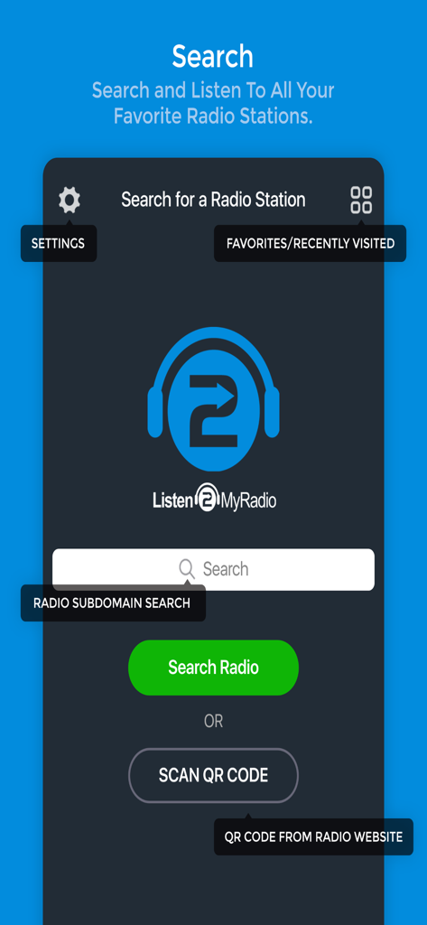 Listen2MyRadio - Listen2MyRadio app search screen featuring a radio station search bar and QR code scanning button.