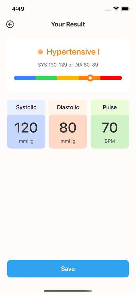 VitalBP: Heart Rate Monitor - VitalBP app results interface showing blood pressure and heart rate readings