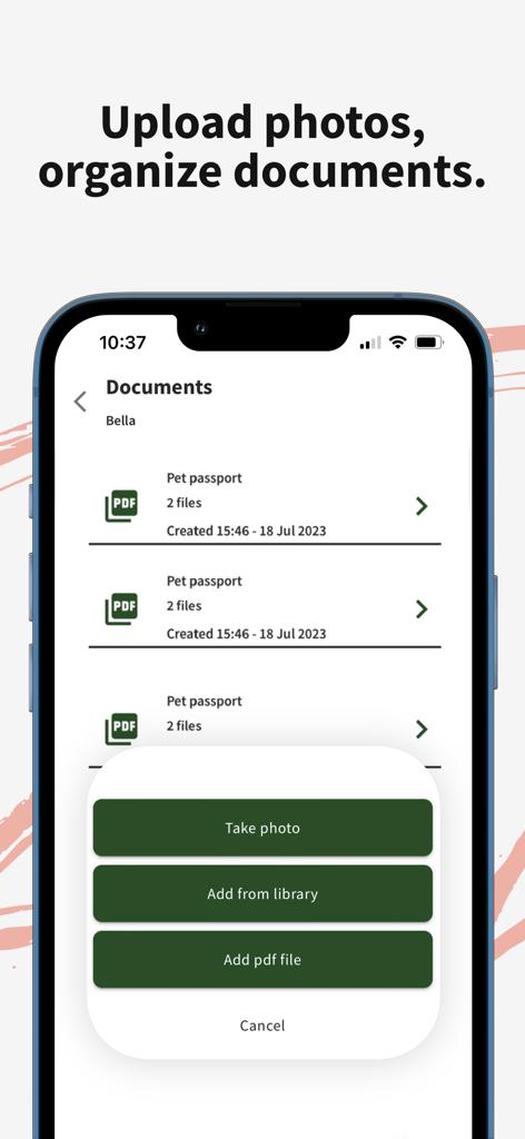 Breedera - Dog Breeder App - Interface of Breedera app for uploading and organizing dog documents such as pet passports
