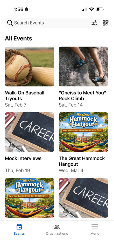 Corq - Corq app interface displaying a list of campus events including sports tryouts and career workshops