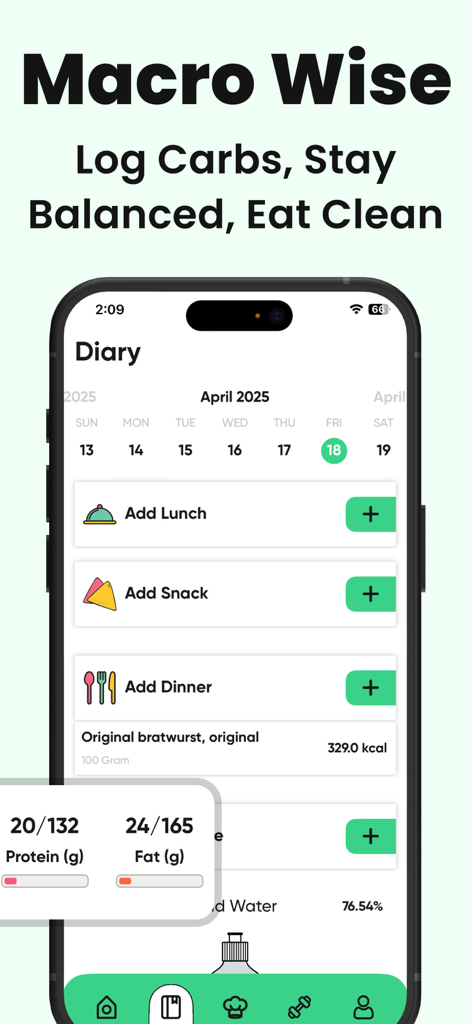 Mobile interface of the Keto Diet App showing a daily food diary and macro tracking for protein and fat