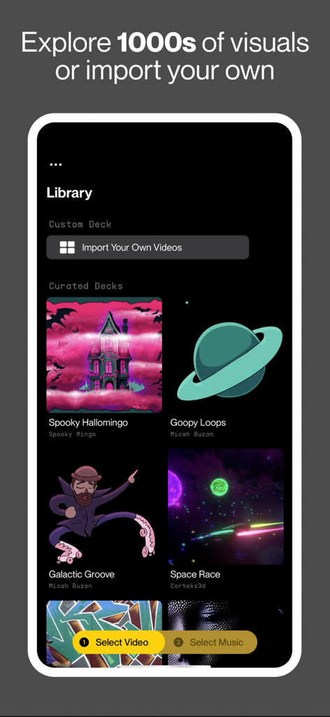 Spool - Music Video Editor - La pantalla de la biblioteca de la app Spool con mazos visuales curados y una opción para importar videos personalizados.