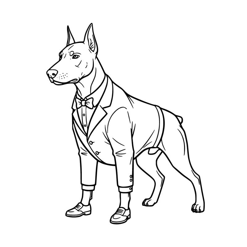 a doberman pinscher and he is really tough and looking he’s wearing a suit and bowtie and little shoes