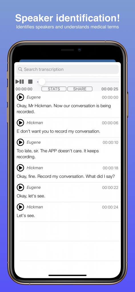 Audio Transcribe - SmartScribe - Captura de pantalla de la aplicación SmartScribe que muestra una transcripción con hablantes identificados y controles de reproducción.