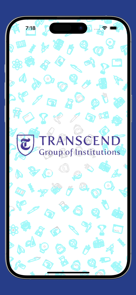 Transcend Education - La pantalla de inicio de la aplicación móvil Transcend Education que muestra el logo de Transcend Group of Institutions sobre un fondo de iconos relacionados con la educación.