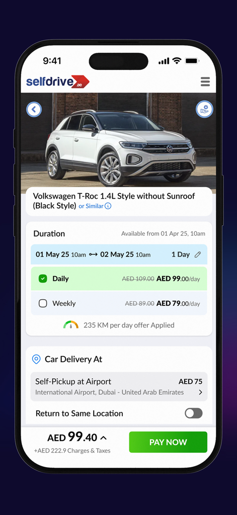 SelfDrive Mobility Car Rentals - SelfDrive car rental app interface showing a Volkswagen T-Roc booking in Dubai
