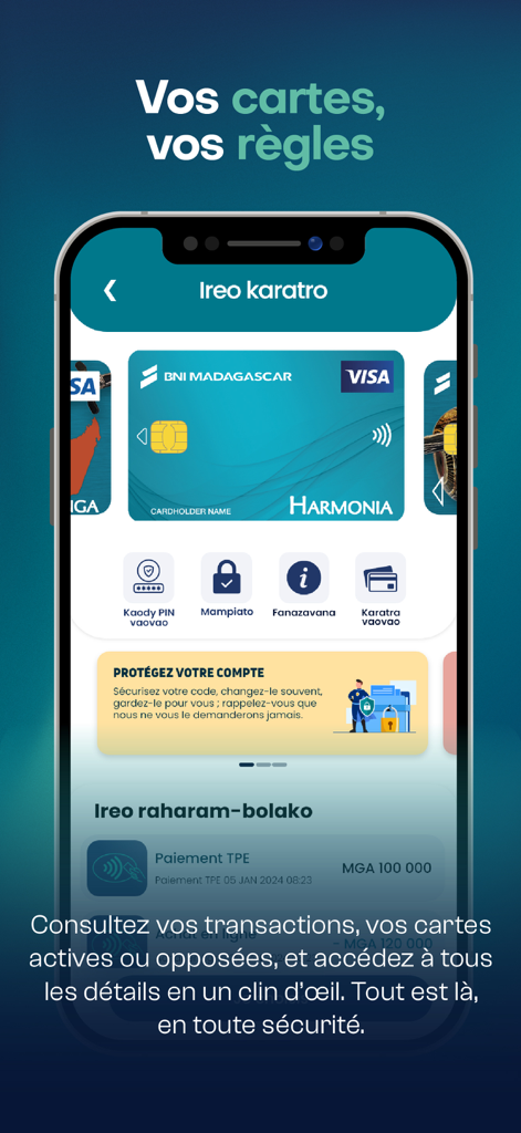 BNI - Interface de l'application mobile BNI Madagascar pour la gestion des cartes de crédit et la visualisation de l'historique des transactions.