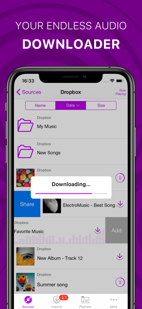 Offline Music Player & Cloud - Offline Music Player app interface showing music downloading from a Dropbox folder
