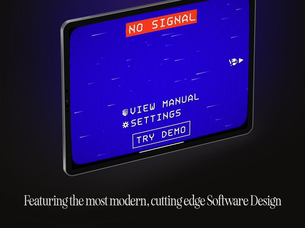 iPad zeigt einen retro-pixeligen 'Kein Signal'-Bildschirm in der Orion HDMI Monitor App.