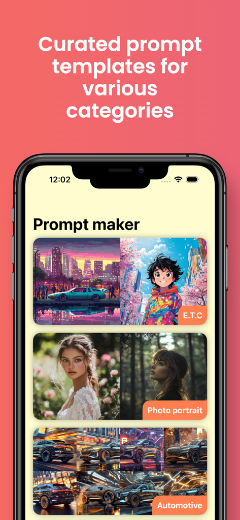 Interfaz de la aplicación Prompt Maker para Midjourney mostrando plantillas seleccionadas para varias categorías, incluyendo retratos y diseños automotrices