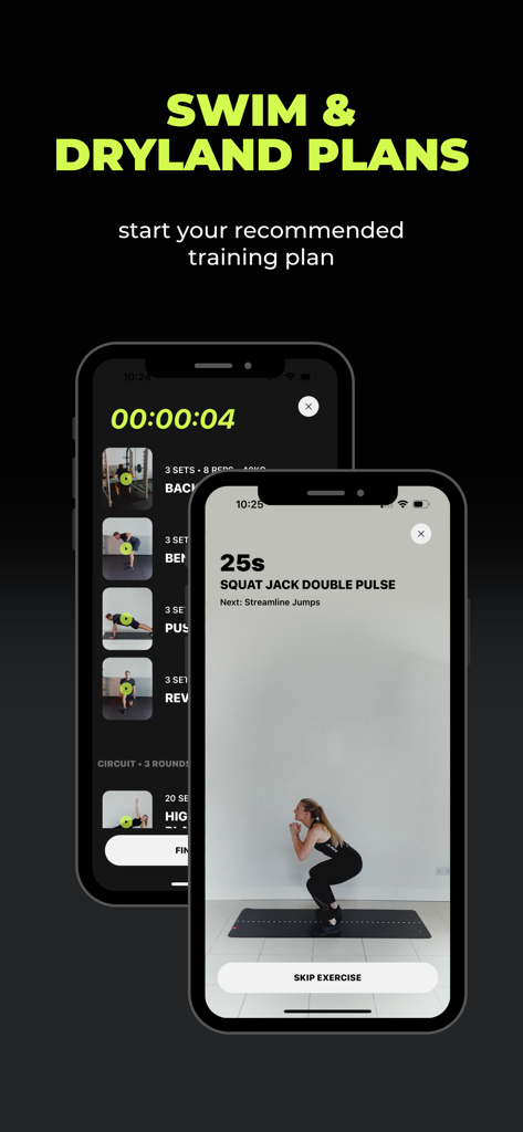 DuoSwim mobile app interface showing dryland training plans and a video guided squat jack exercise.
