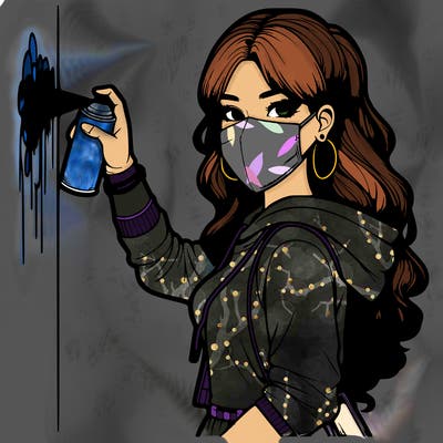 realistic girl with mask spray painting a wall
