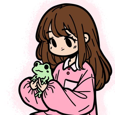 girl with long hair and a oversized shirt. and she is holding a frog