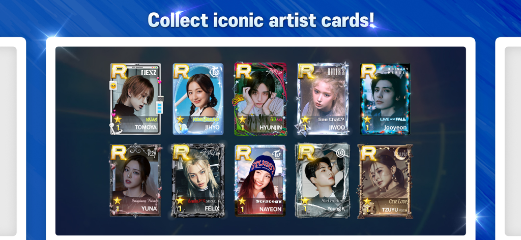 SUPERSTAR JYPNATION - TWICEやStray Kidsを含む、JYPエンターテインメントの様々なグループのデジタルK-POPアーティストカードのコレクション
