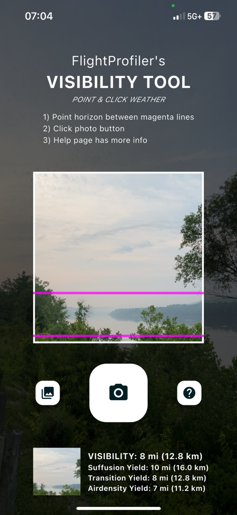 Visibility Tool - Visibility Tool mobile app interface showing a camera viewfinder and real time visibility distance metrics