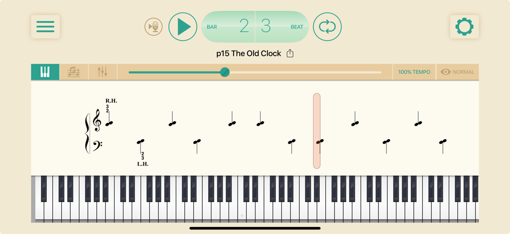 Piano Adventures® Player - Piano Adventures Player app interface featuring interactive sheet music and a virtual keyboard for piano practice