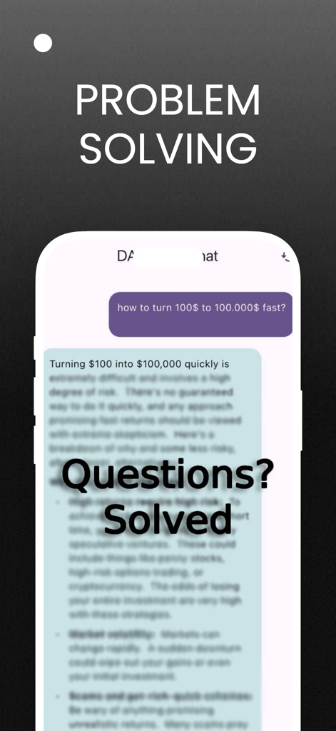 Interfaz de la aplicación móvil DarkGPT AI Chat Assistant para resolver preguntas complejas.